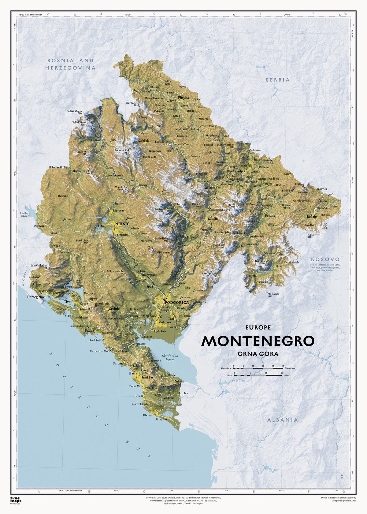 Shaded relief map of Montenegro